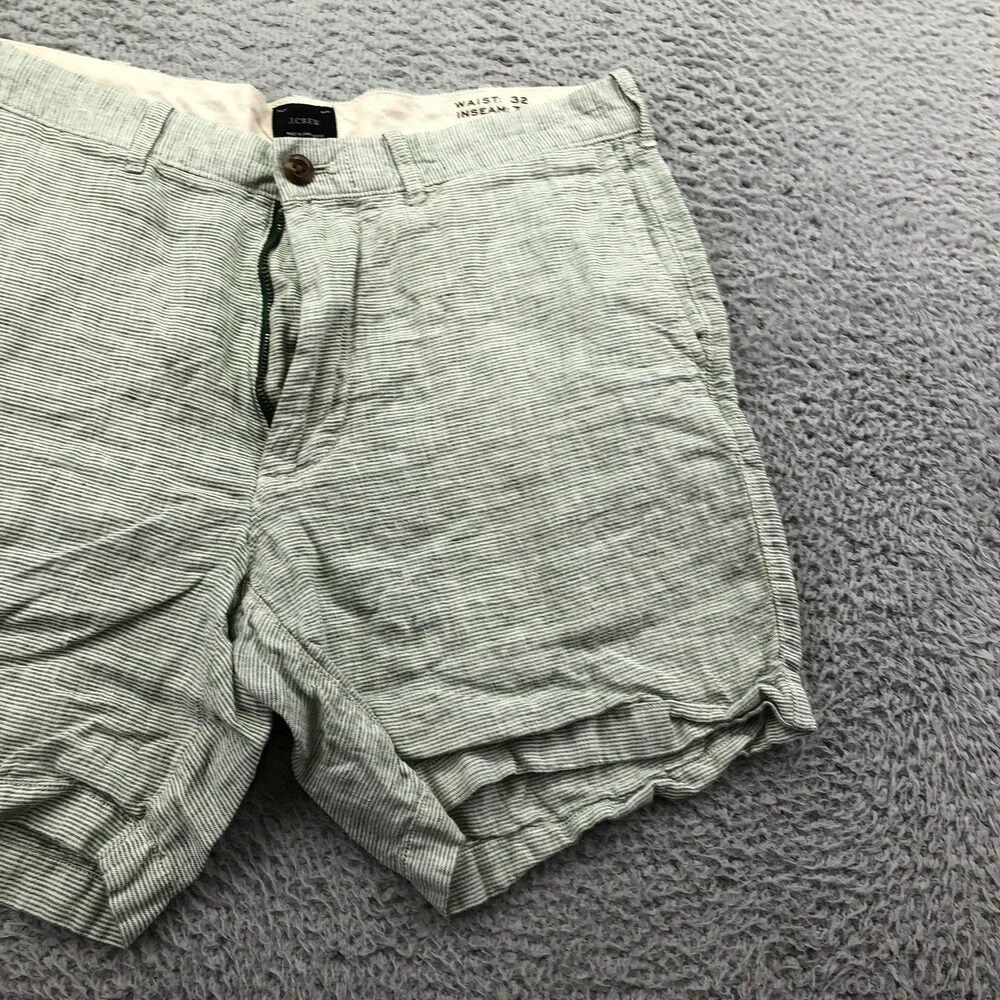 J. Crew Shorts Mens 32 Green Striped Chino Flat Front 7 Inseam Linen Casual